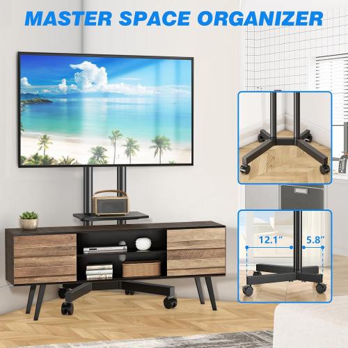 Rfiver Rolling TV Stand with Laptop Shelf, Mobile TV Stand with Upgraded Wheels for 32-75 Inch TVs, Height Adjustable Mobile TV Cart up to 88lbs, Portable TV Mount Stand for Outdoor, Home, Office
