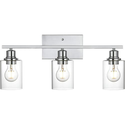 3 Light Wall Light Fixture with Clear Glass Shade Classic Bathroom Vanity Lighting Fixture in Chrome Finish Metal Wall Mounted Lamp for Powder Room Hallway