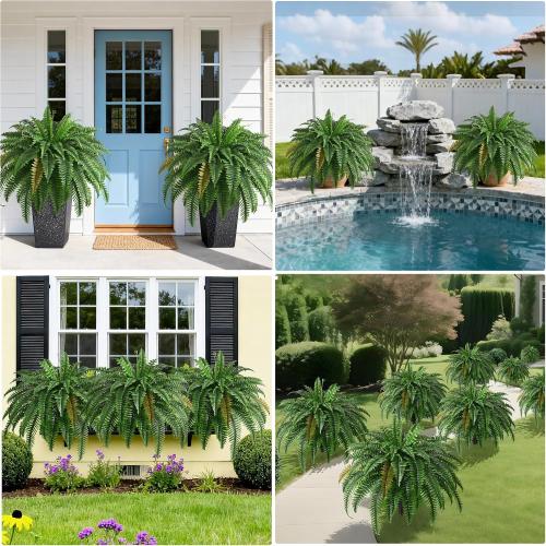 2PCS 45in Fake Ferns- Large Artificial Plants Outdoor, UV Resistant Artificial Ferns for Outdoors, 60 Branches Faux Boston Fern Realistic Weatherproof Fake Plants for Porch Home Patio Hanging Decor