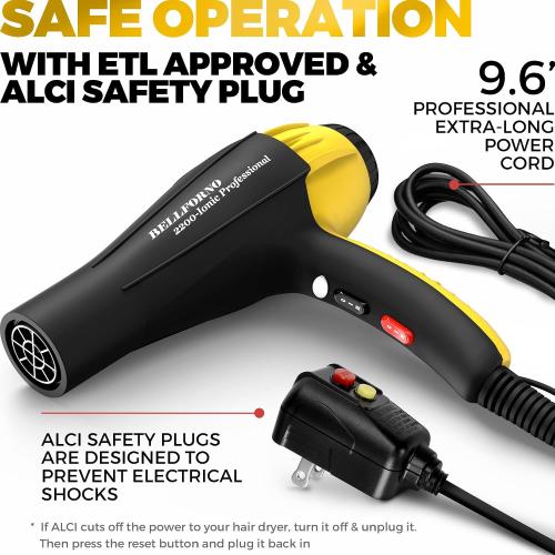 High-Power 2200W Ionic Hair Dryer - Fast-Drying, Constant Temperature Technology, AC Motor - Ideal for Curly Hair Care, Suitable for All Hair Types - HairDryer for Both Women and Men Black/Yellow