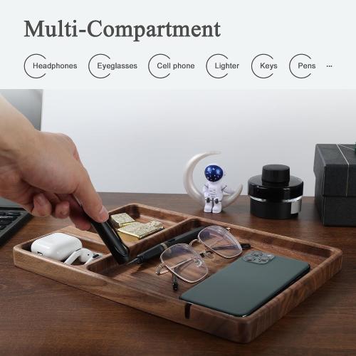 Walnut Wooden Valet Tray – Bedside Table Organizer for Men Dad, Edc Catch All Tray with Cable Slot (11.4 x 7.9 x 0.8 Inch)