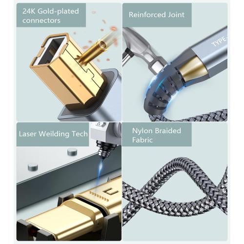 Printer Cable 2-in-1 USB-A/C to USB-B Cable High Speed Braided 6.6ft Grey
