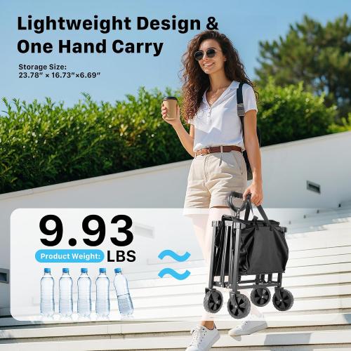 29.3 Collapsible Wagon Cart, 150L Heavy Duty Folding Utility Wagon with Wheels, 260 lbs Load, Portable Rolling Cart for Garden, Shopping, Sports, Camping, Black