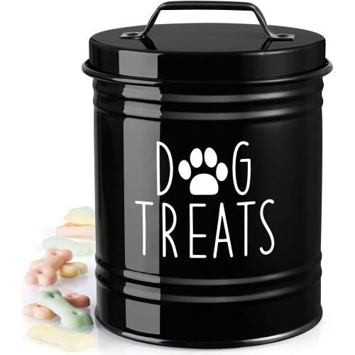 OUTNILI Small Dog Treat Container Airtight - 6 Tall X 4.9 Round Black Dog Treat Jar for Kitchen Counter - Rustic Treat Storage Canister for Dogs, Cats, Small Animals - Gifts for Pet Owners