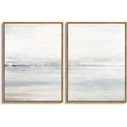 Gardenia Art Framed Wall Art Set Abstract Ocean Beach Canvas Wall Decor Nature Shore Horizon Pictures Modern Decorative Coastal Seascape Artwork for Bedroom Bathroom Home Office 12x16x2 Natural