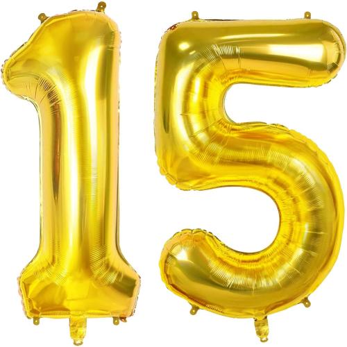 Number 15 Balloons for 15th Birthday Party Decorations, 0-100 Large Gold Foil Helium Balloons for Girls & Boys, 40 Inch for 15 Year Old Anniversary Decorations