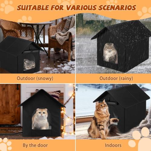 Heated Outdoor Cat House Double Door Heater Cats Shelter, Weatherproof Foldable Heat Kitty House with Kitten Heating Pad Bed for Feral Barn Cat Puppy Outside Pets in Winter