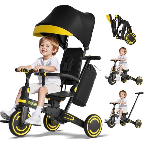 WinHope 9-in-1 Foldable Kids Tricycle with Push Handle and Canopy(Black) | Convertible Kids Trike with Safety Belt   Storage Basket, One-Click Foldable Design, Birthday Gift for Boys and Girls 1-6Y