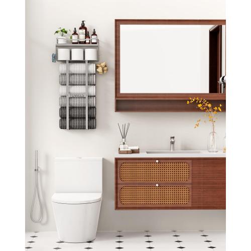 Aetyord Towel Racks for Bathroom - Wall Mounted Metal Rack with Wood Plank, Bathroom Storage Organizer, Towel Holder Stores 6 Large Rolled Towels Easily, All Grey