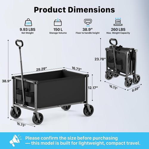 29.3 Collapsible Wagon Cart, 150L Heavy Duty Folding Utility Wagon with Wheels, 260 lbs Load, Portable Rolling Cart for Garden, Shopping, Sports, Camping, Black
