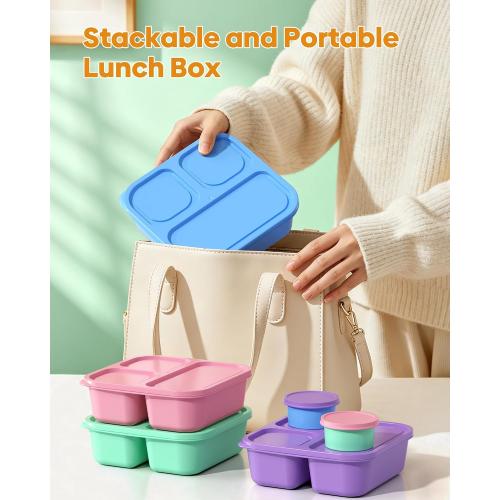 Canfanni 4 Pcs Bento Box Set, Reusable 3 Compartments Snack Boxes with 2 Leakproof Small Containers, Stackable Meal Prep Lunch Containers for School, Work, and Travel