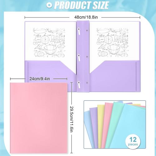 Yeaqee 12 Pcs Pastel Folders with Pockets and Prongs Plastic Folder 2 Pockets 3 Prongs with Card Slot for Office, School for Students, Teachers, Office Workers
