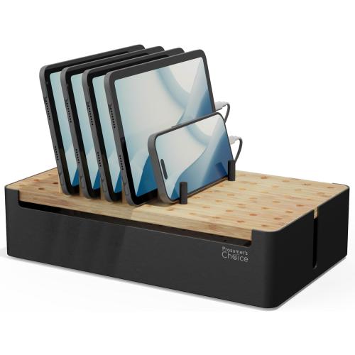 Prosumer's Choice Bamboo Charging Station for Multiple Devices - Wood Device Dock, Organizer Suitable Apple & Android Cell Phone, Tablet, iPad Cables Not Included, Metal & Bamboo Black