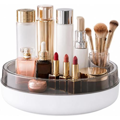 360° Rotating Makeup Organizer Tray, 8.5 Inch Lazy Susan Vanity Organizer, Cosmetic Storage Turntable for Skincare, Perfume, Lipstick, Makeup Brushes, Bathroom Countertop & Dresser Organizer, White