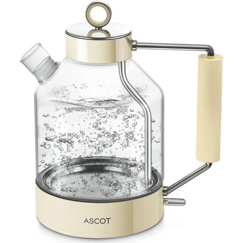 Electric Kettle, ASCOT Glass Electric Tea Kettle 1.5L 1500W Retro Tea Heater & Hot Water Boiler, No Plastic, BPA-Free, Cordless, with Auto Shut-Off and Boil-Dry Protection (Creme)