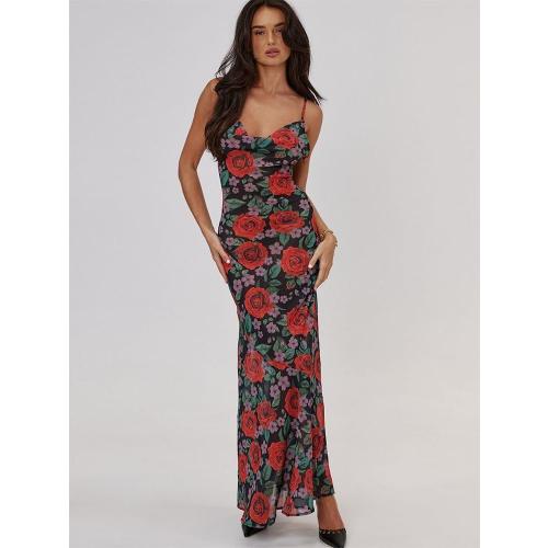 Size L...Women's Floral Print Tie Shoulder Long Vacation Maxi Dresses