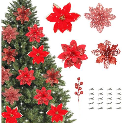 36 Pcs Poinsettia Flowers Artificial with Clips and Berry Stems Christmas Flowers Glitter Ornaments for Christmas Tree Wreath Fireplace Stairs Decorations (Red)