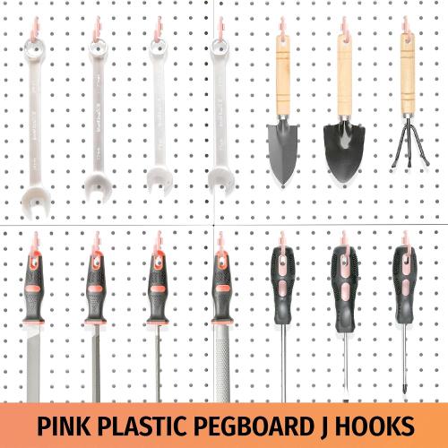 HUHOLE 100PC Pink Plastic Pegboard J Hooks for 1/4 Board