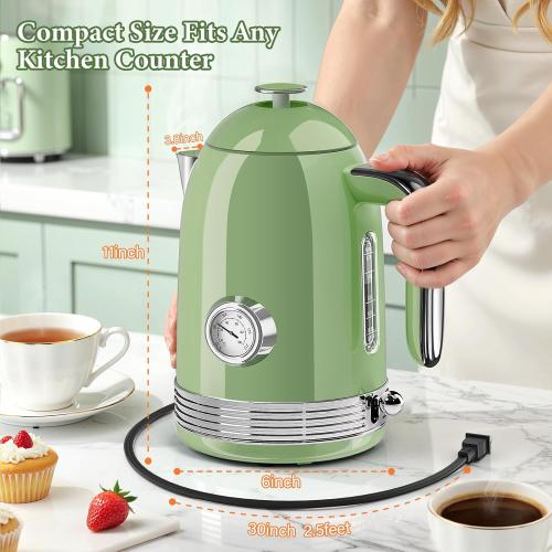 Electric Kettle, 1.7L Tea Kettle with Thermometer, Retro Green