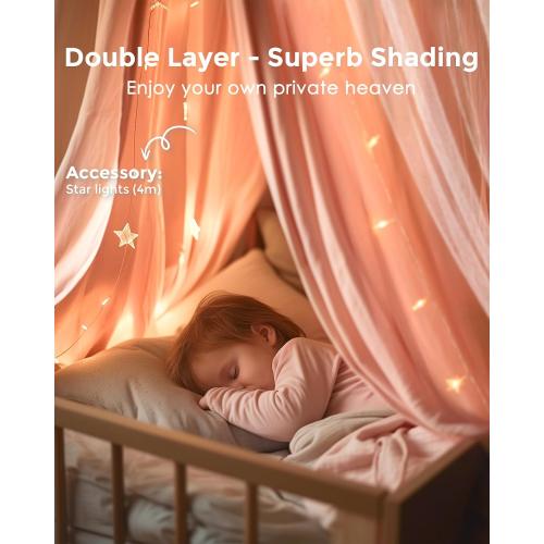 little dove Bed Canopy for Girls with Star Lights, 25.6''x106'', Peach Pink