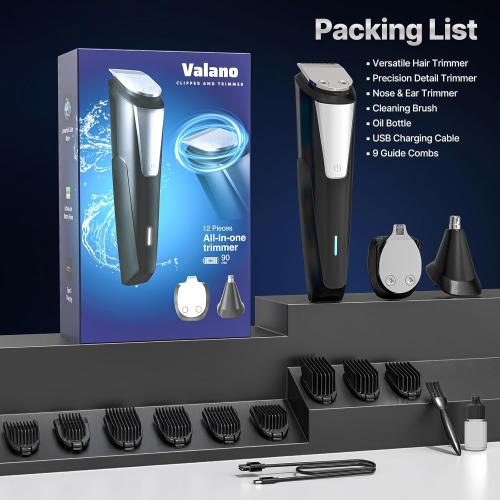 Valano Beard Trimmer Hair Clippers for Men All-in-One Self-Sharpening Electric Men's Cordless Rechargeable Mustache Grooming Kit Gift for Ear Nose Body Public