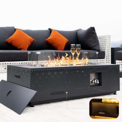 NICESOUL Outdoor Rectangular Fire Pit Table with LED Lights 50,000 BTU for Patio, Porch, Backyard