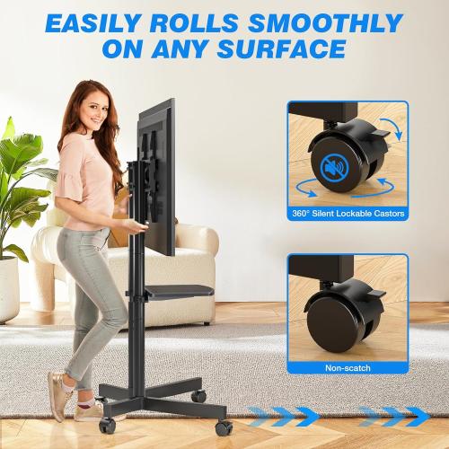 Rfiver Rolling TV Stand with Laptop Shelf, Mobile TV Stand with Upgraded Wheels for 32-75 Inch TVs, Height Adjustable Mobile TV Cart up to 88lbs, Portable TV Mount Stand for Outdoor, Home, Office