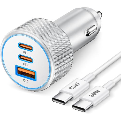 67W 3-Port Super Fast Type C Car Charger USB C for iPhone 17/Air/16/16e/15 Pro Max, Samsung Galaxy S25 S24 S23, Pixel, Android, Car Adapter Accessories for Men Women   3FT USB-C Cable Silver