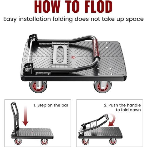 Upgraded Foldable Push Cart Dolly | 660 lbs. Capacity Moving Platform Hand Truck | Heavy Duty Space Saving Collapsible | 4‘’ TPR 360-Degree Silent Wheels | 2 Swivel Wheels and 2 Fixed Wheels