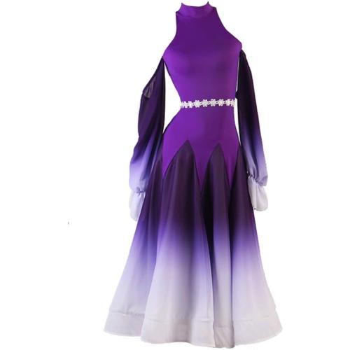 Size L NAKOKOU Women's Ballroom Dance Dress Splicing Performance Long Sleeve Navy Blue