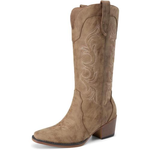 SIZE 9.5 ❗❗Athlefit Cowboy Cowgirl Boots for Women Western Fashion Embroidery Chunky Heel Pointed Toe Comfortable Mid Calf Boots with Side Zipper