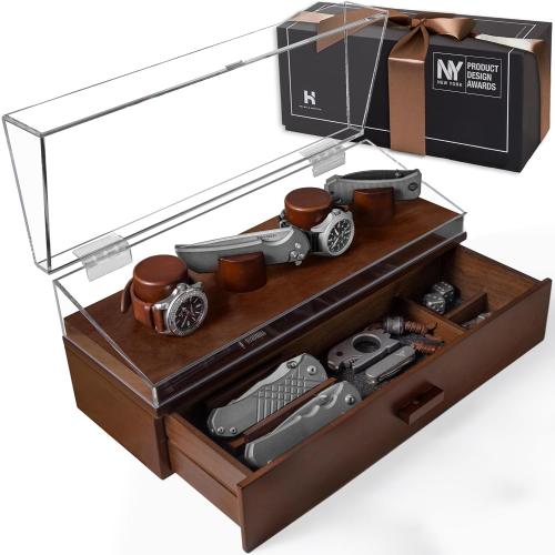 Watch & Pocket Knife Display Case – Switch Up Your Display with The Modular Pillars – Knife Case for Men with Hinged Acrylic Cover and Felt Lined Drawer – The Combo Deck for Men