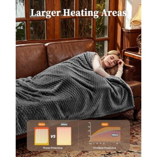 Garvee Heated Blanket King 90x100, Dual-Zone Controllers Jacquard Flannel Blanket for Cozy Bedroom, 10 Heat Settings, Grey