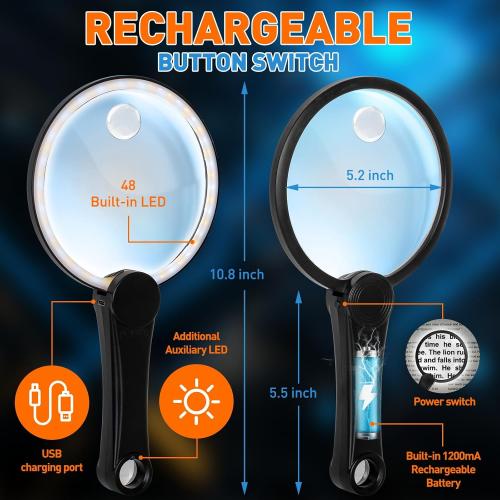 30X 40X 60X Rechargeable Magnifying Glass with Light, Large 5.2-Inch