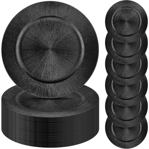Tanlade 50 Pcs Charger Plates Bulk, 13 Inch Plastic Round Charger Dinner Plates Elegant Wedding Serving Plate for Event Tabletop Wedding Party Bridal Baby Shower Decor (Black)