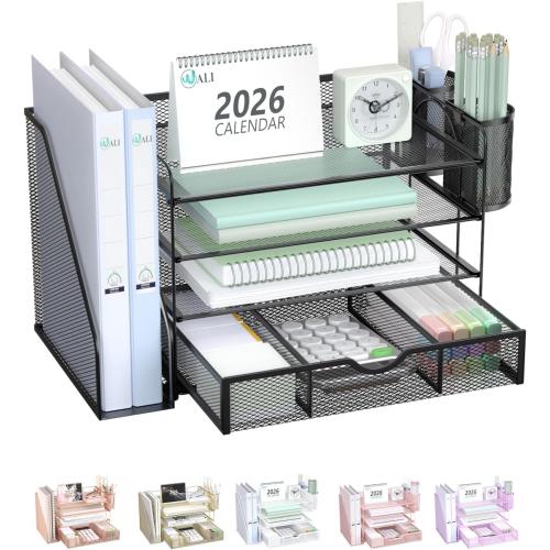 WALI Desk File Organizer, 4 Tier Desktop Paper Letter Tray Organizer with Drawer and 2 Pen Holders, Office Desk Accessories & Workspace Organizers for Office, Home Supplies(DO005DH-B), 1 Pack, Black