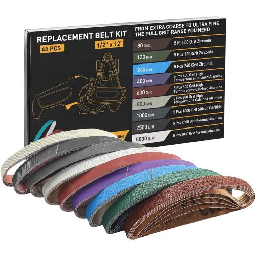 45 Pcs 1/2 x 12 Replacement Sharpening Belt Kit for Official Work Sharp Knife & Tool Sharpener (WSKTS & WSKTS-KT/Mk.1 & Mk.2) - Assorted Grits (80/120/240/400/600/800/1000/2500/5000)