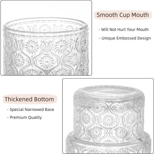 AVLA 8 Pack Vintage Drinking Glassware, 7 oz Romantic Water Juice Glass Tumbler Cup, Clear Stackable Coffee Cocktail Bar Drinkware for Beverages, Tea, Milk, Yogurt, Whiskey, Embossed Floral Pattern