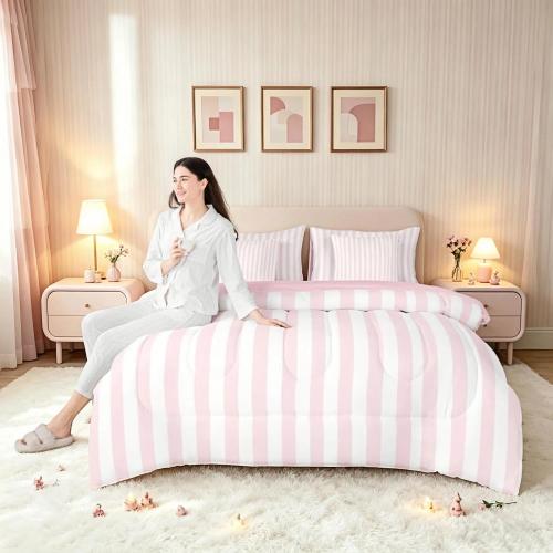 Feelyou White Pink Striped Comforter Set with Sheets 7 Piece Full Size Striped Bed in a Bag Kids Boys Girls Bedding Set Basic Simple Bedroom Decor Breathable Soft Lightweight Microfiber