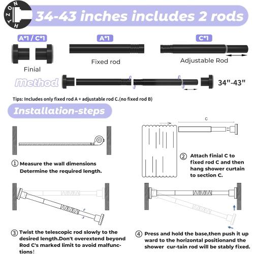 Shower Curtain Rod Spring Tension:Black Shower Rods for Bathroom 34 to 43 Inch,1 Inch Modern Heavy Duty Adjustable Tension Shower Curtain Rod No Drilling No-Slip Easy Install,Matte Black