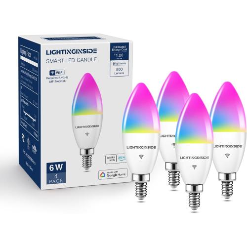 Lightinginside E12 Smart Light Bulbs 60W Equiv., Work with Alexa/Google Home/SmartLife, 500LM 6W RGBCW Candle Candelabra LED Light Bulbs, No Hub Required, 2.4G WiFi Bluetooth Bulb, ETL Listed, 4PCS