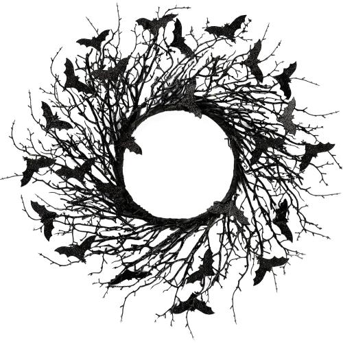 Sggvecsy 17.7Artificial Black Twig Wreath with Glitter Bats - Handmade Sparkling Hanging Decorations for Front Door, Indoor/Outdoor Halloween Party
