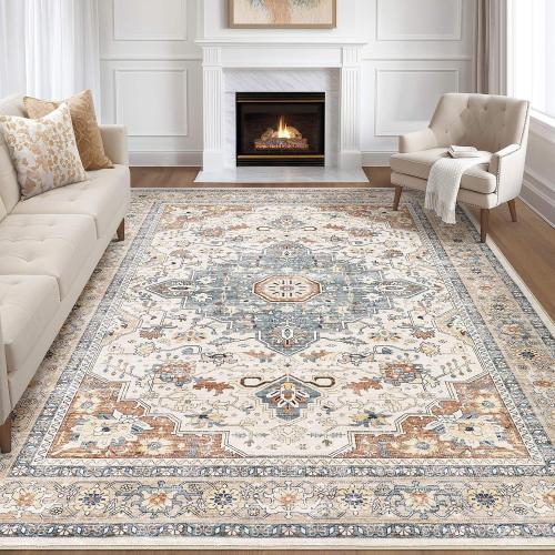 9x12 Area Rug Living Room: Washable Boho Large Neutral Vintage Soft Rugs Stain Resistant Distressed Farmhouse Non-Slip Indoor Floor Carpet for Bedroom Nursery Kids Office Dining Room- Beige Blue