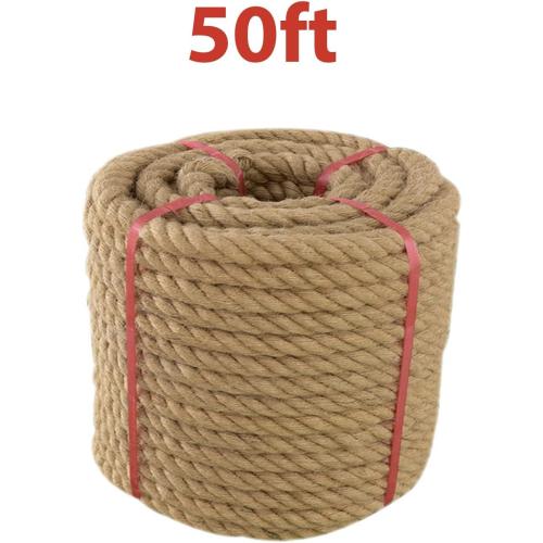 Jute Rope (1.5 in X 50 ft), 38mm Thick Twisted Manila Ropes, Natural Heavy Duty Hemp Rope for Swing Bed, Crafts, Railing, Tug of War, Landscaping, Garden, Bundling, Hammock, Home Decorating