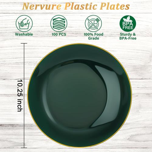 Green and Gold Plastic Plates 10.25″ Disposable Dinner Plate