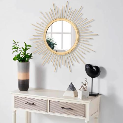 Large Gold Spoked Sunburst Wall Mirror Boho Home Decor Round Wall Art Mirror Modern Metal Mirrors for Wall Living Room Vanity Bathroom Bedroom Hallway Balcony Entryway 20
