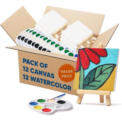 Mini Canvas and Easel Set with Watercolor Paint in Bulk Set of 12 - Kids Art Party Favors & Party Supplies - 4x4 Small Canvases for Painting with Easel - Water Colors Paint for Kids