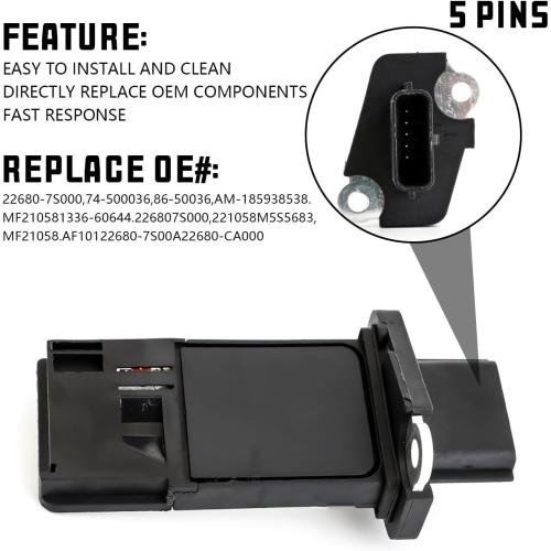 zipelo Mass Air Flow Meter Sensor, 22680-7S00A Auto Mass Air Flow Meter Sensor, Automotive Airflow Sensor, Compatible with Nissan 03-14 Altima 06-12 Sentra 03-09 350Z 09-19 370Z 05-19 Frontier