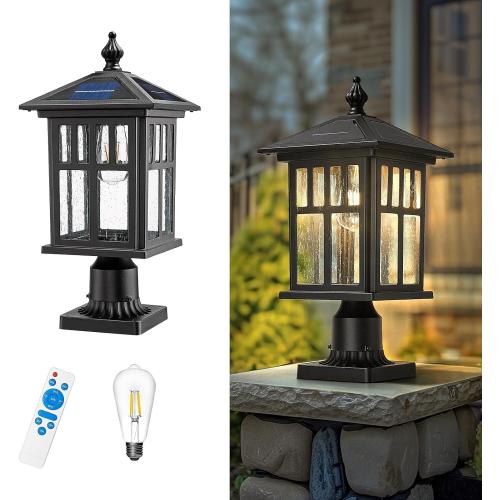 zeyu 19 Inch Solar Post Light with Pier Mount, Modern Large Solar Lamp Post Light for Patio with Remote Control, Die-Cast Aluminum with Seeded Glass Shade, Black Finish, ZX107P-SL BK