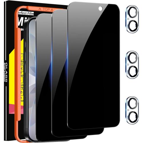 Milomdoi 3 Pack Privacy Screen Protector for iPhone 17 [Phone Case Friendly] Accessories Private Film, 3 Pacs Tempered Glass Camera Lens Protector, with Mounting Frame for Apple Anti Spy,Black